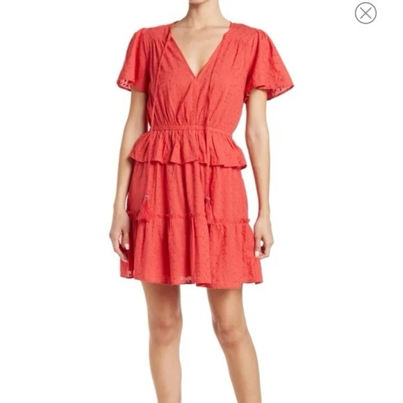 NWT NSR Kailani Tiered Mini Dress Red V Neck Short Sleeve Eyelet Lace Sz S - Picture 1 of 13